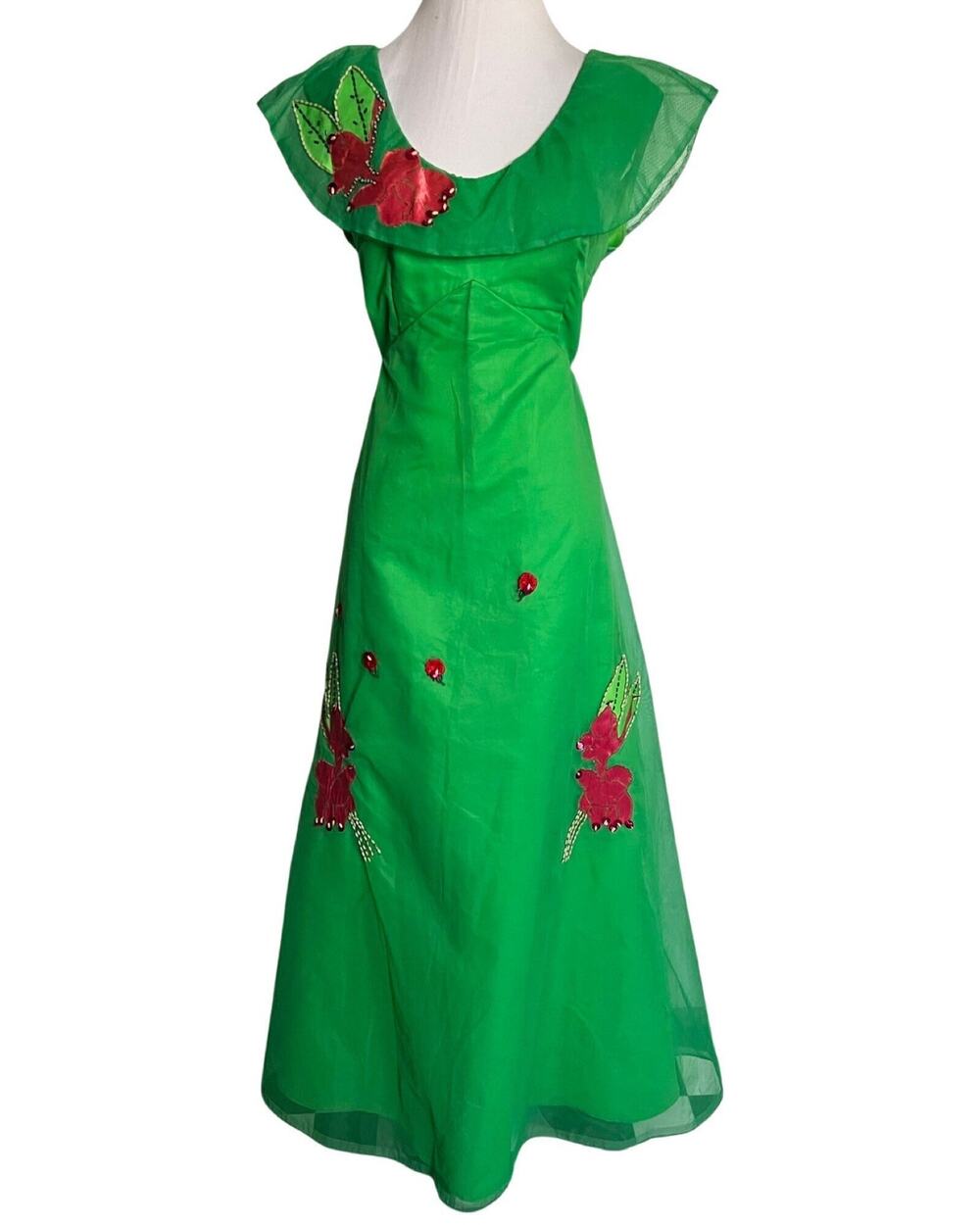 Vintage 1970s Kelly Green Chiffon Maxi Dress with Appliqué Details Medium